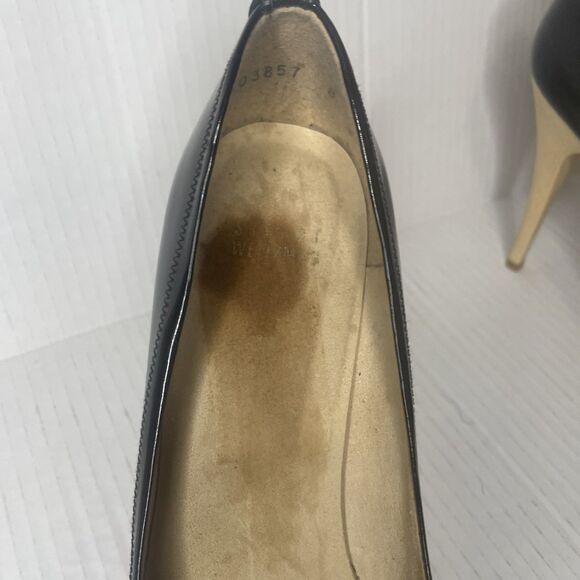 Stuart Weitzman Pump Black 8 Avignon Patent Leather Peep Toe Wood Platform Logo - Picture 4 of 14